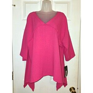 Abaca Cotton Gauze Tunic Top Resortwear Pink Asymmetric O/S Coastal Grandma NWT